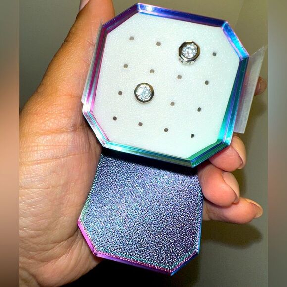 Sterling Silver Sparkling Stud Earrings With Iridescent Jewelry Box - Picture 1 of 5